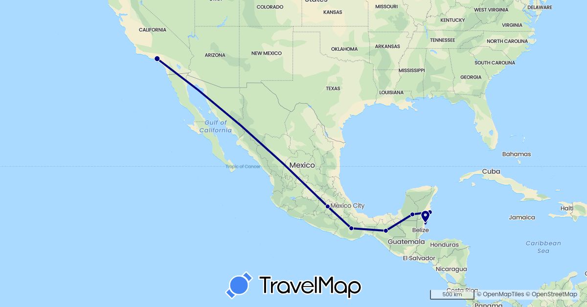 TravelMap itinerary: driving in Belize, Mexico, United States (North America)
